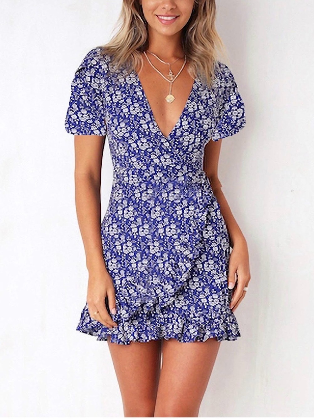 Floral Wrap Mini Dress in Blue